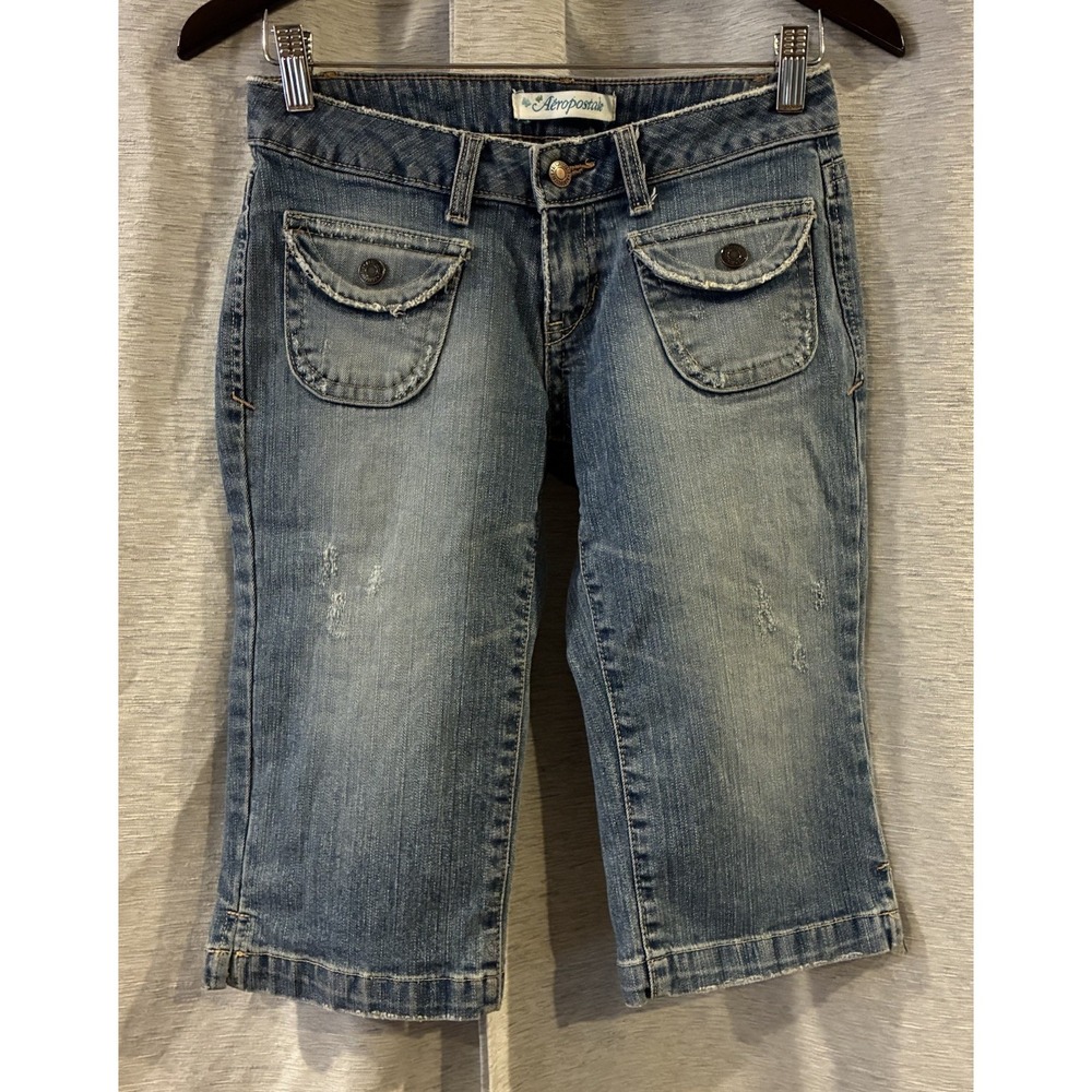 Aeropostale Denim Capri Jorts Grunge Skate Blue Low Rise Size 1/2 Junior Y2K
